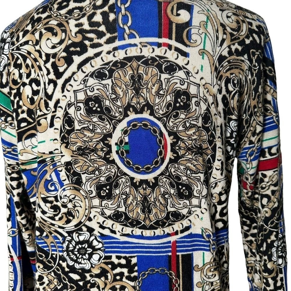 Baroque Medallion Scarf Print Long Sleeve Tunic Blouse Leopard Knit M Blue Multi - Picture 6 of 13